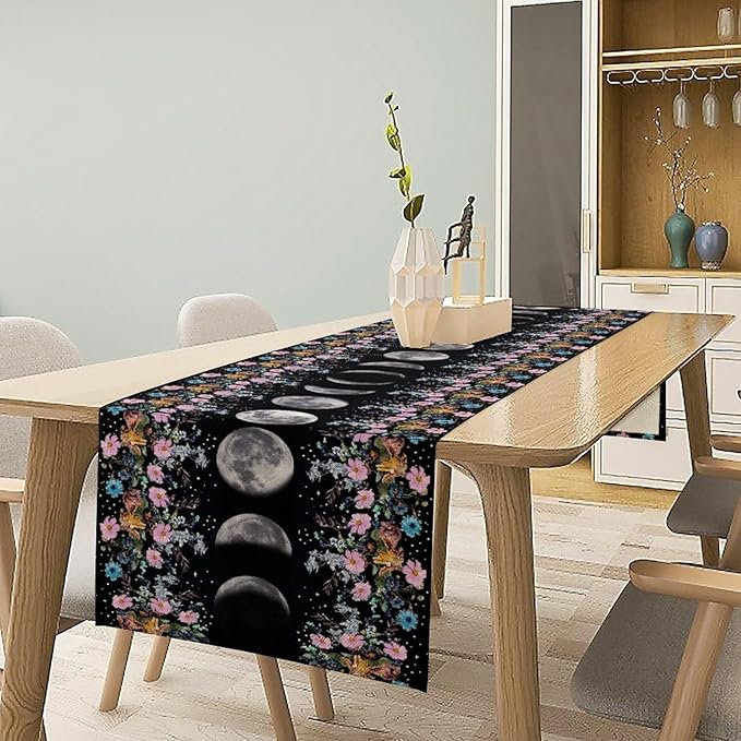 Boho Floral Moon Table Runner, Spring Flower Leaves Mystical Gothic Sun Moon - Image 7