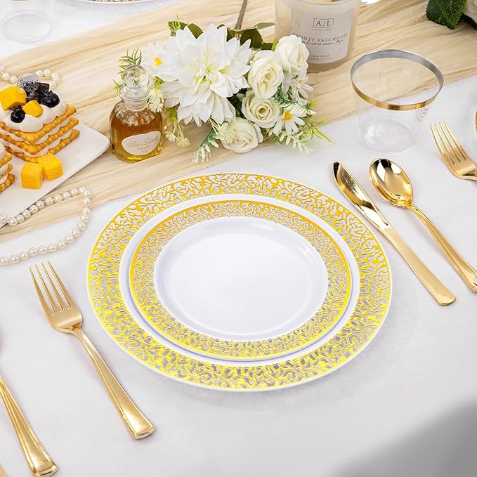 WELLIFE 210Pcs Gold Plastic Dinnerware - Image 3
