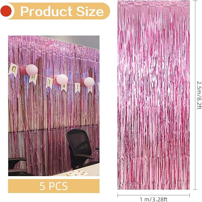 5 Pack Pink Fringe Foil Curtain 3.2ft x 8.2ft Tinsel Backdrop Streamers - Image 3