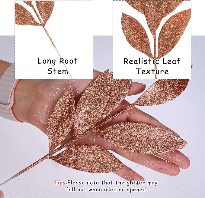 GREENTIME 12 Pack Artificial Brown Glitter Leaves 13" Fake Christmas Picks - Image 2