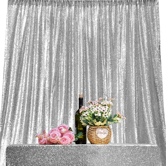JYFLZQ Silver Sequin Backdrop Curtains 4ft x 8ft 2 Panel Glitter Photo Booth - Image 2