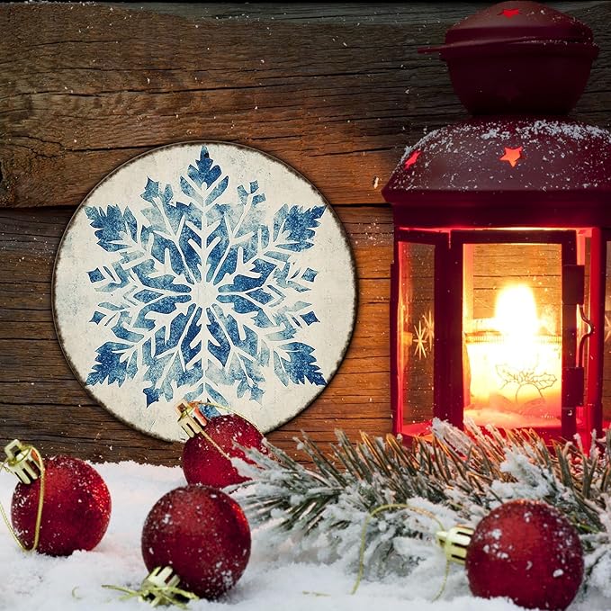 Round Christmas Metal Tin Sign Vintage Snowflake Signs Winter Christmas Sign - Image 5