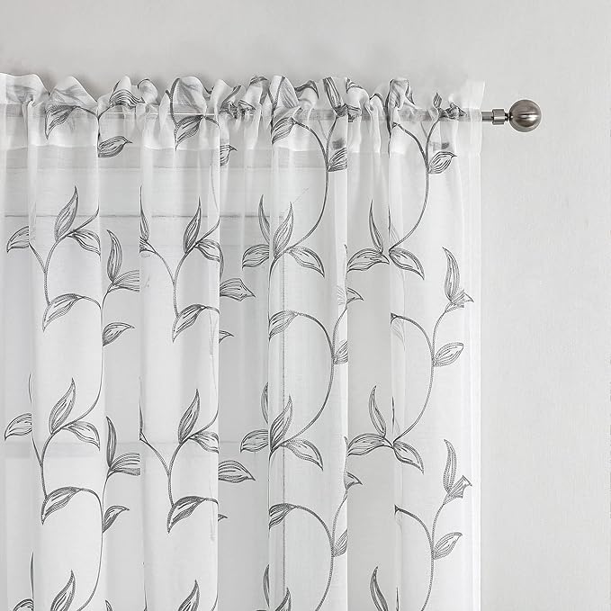 VISIONTEX Sheer Curtains 72 Inch Length 2 Panels, Decor Iron Grey Vine Leaves - Image 3