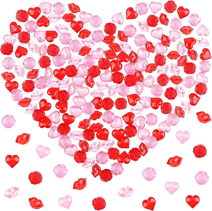 Fangoo 180PCS Red Pink Acrylic Heart Ornaments Mini Acrylic Heart Rose Flower by Fangoo