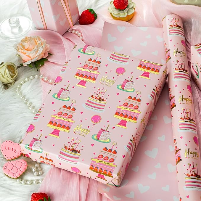 Yarcony Girls Birthday Wrapping Paper Roll, Metallic Foil Pink Cartoon-Style - Image 4