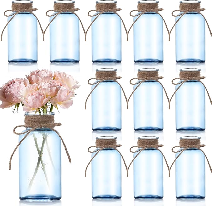 Blue Glass Flower Vases for Centerpieces Set of 12, Mason Jars Boho Cylinder by Unknown