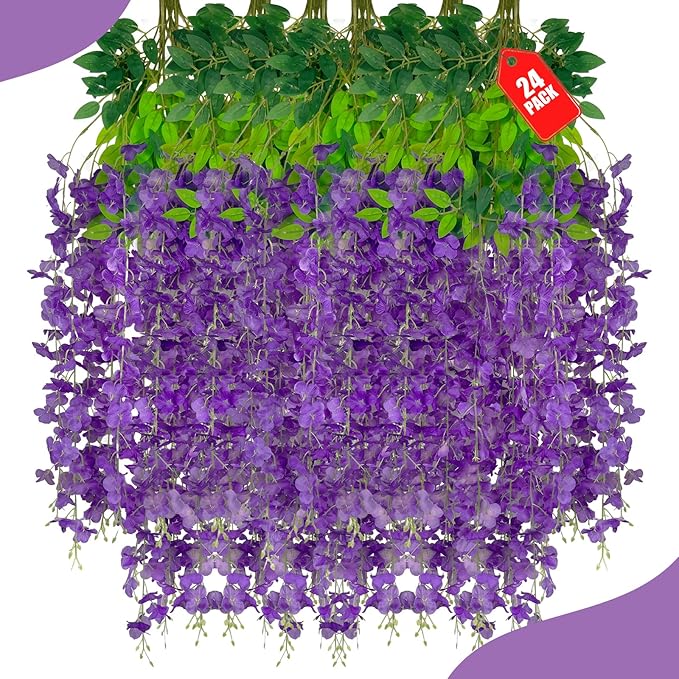 24Pack Purple Wisteria Hanging Flowers, 3.44 Ft Fake Hanging Flowers, by ZEBMOON