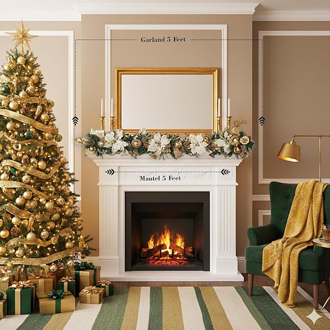 Holiday Tree White Gold Poinsettia Garland 5 Ft – Luxurious Christmas Garland - Image 6