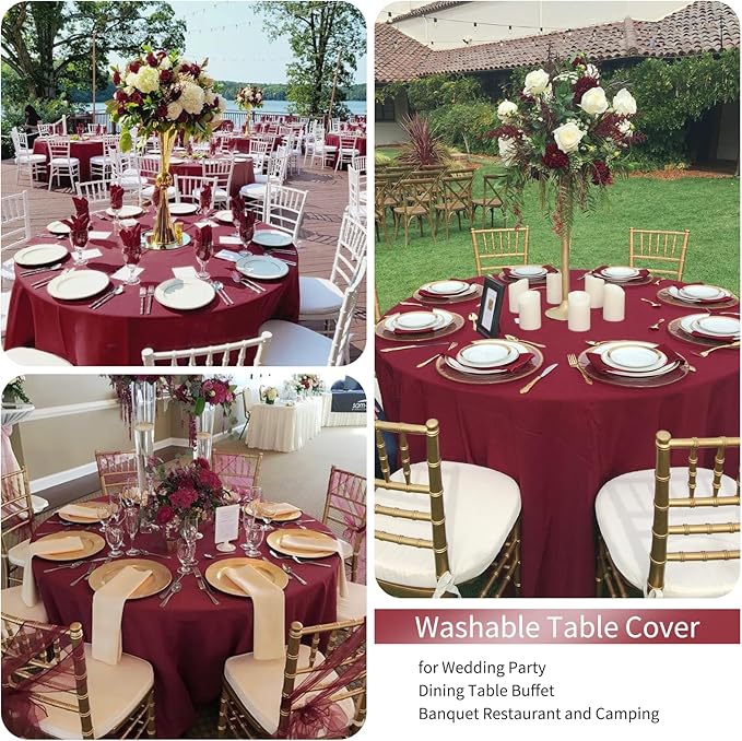 Fani 12 Pack 90 Inch Round Burgundy Polyester Tablecloths - Image 5
