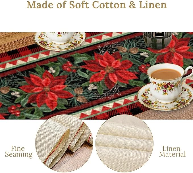 Christmas Table Runner, Seasonal Winter Xmas Holiday Plaid Table Cloth Kitchen - Image 5
