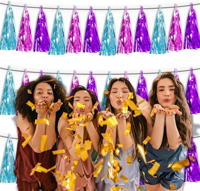 3P Lake Blue Purple-Hot Pink Metallic Fringe Tassel Banner Garland Foil Tinsel - Image 6