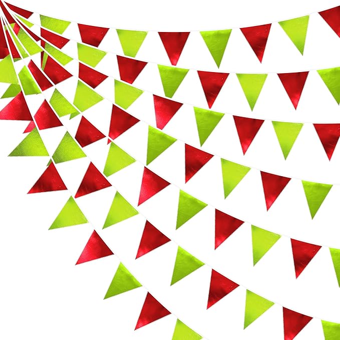 Red and Green Metallic Fabric Triangle Pennant Banner Flag Bunting Garland by pinkblume