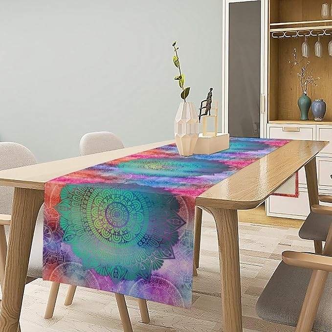 Green Mandala Table Runner, Bohemian Vintage Colorful Exotic Colorful Floral - Image 2
