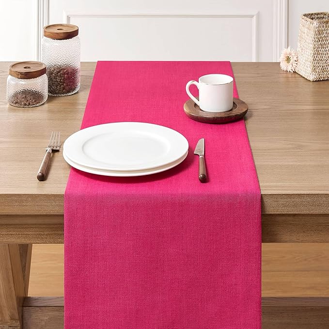 ZeeMart Linen Textured Border Table Runner, 14 x 72 Inch Hot Pink, Farmhouse - Image 3