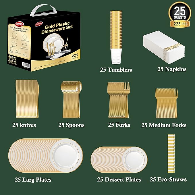 Neatiffy 225 Pcs Gold Rim Plastic Dinnerware Set | 25 x | - Image 6