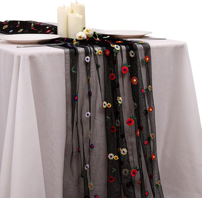 BINBE 1pcs Black Daisy Fall Table Runner Embroidery Gauze 10FT Florals Seasonal by BINBE