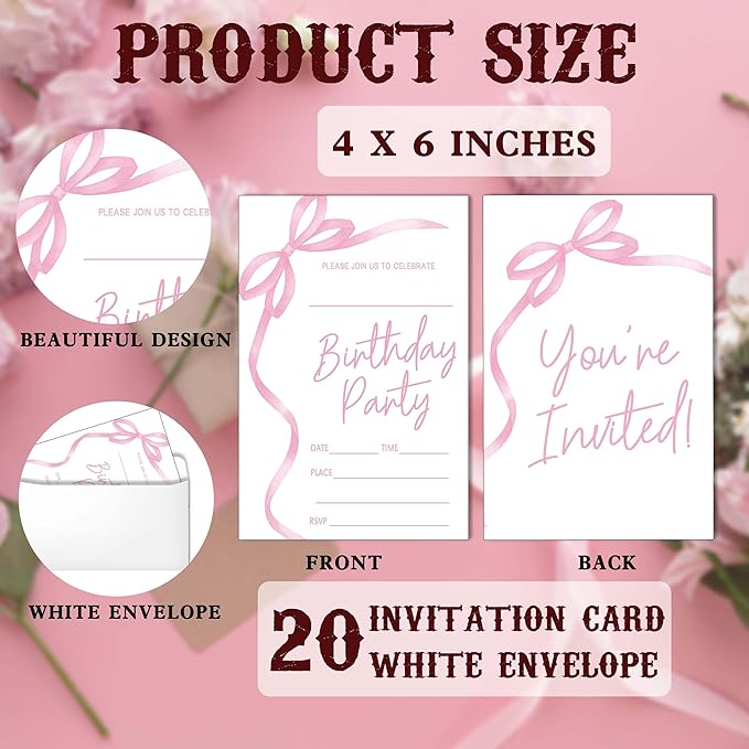 SIXEIGHT Pink Bow Birthday Invitations, 20 Party Invitations - Image 2