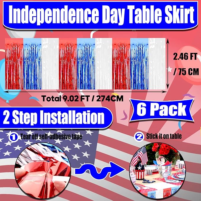 6 Pack 29x108 Inch Red Blue White Metallic Foil Fringe Tinsel Table Skirts - Image 2