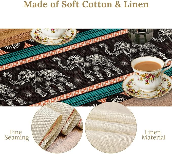 Boho Elephant Table Runner, Vintage Tribal Traditional Bohemian African Animals - Image 5