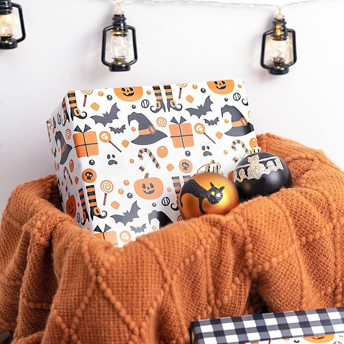 LeZakaa Halloween Wrapping Paper, Cute Pumpkin Witch Bat Candy Print, Buffalo - Image 6