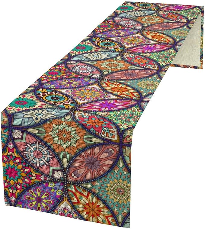 Boho Floral Table Runner, Colorful Flower Retro Bohemian Table Cloth Kitchen by Unknown