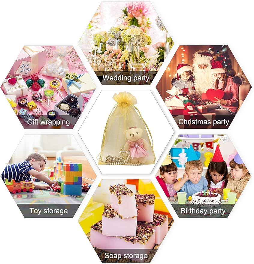 100pcs Gold Organza Gift Bags 6x9 Inch Mesh Drawstring Pouch Jewelry Bags - Image 5