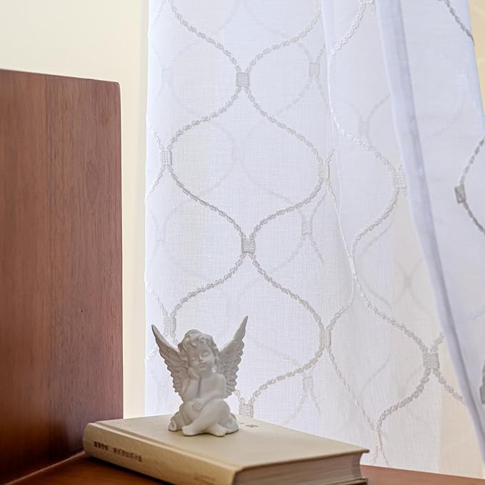MYSTIC-HOME Embroidery White Sheer Curtains 84 Inches Long, Rod Pocket Sheer - Image 6
