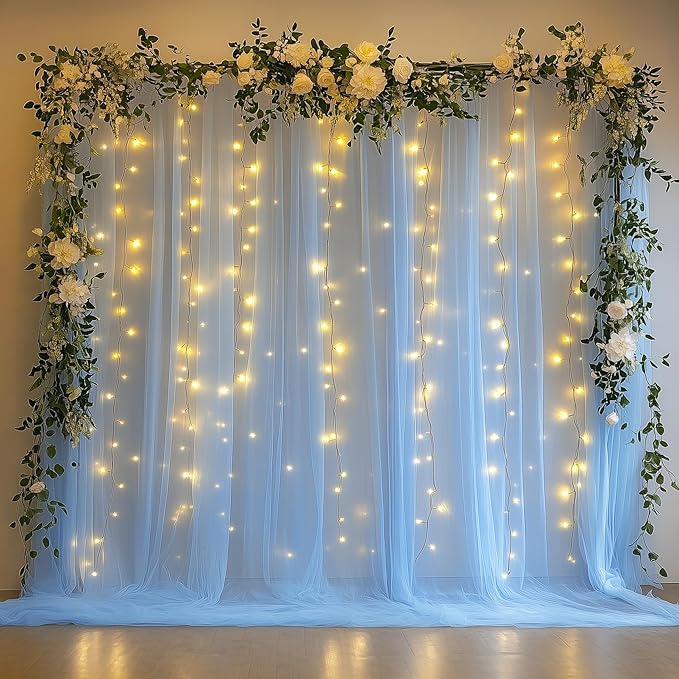 Tulle Backdrop Curtain with Lights String 10FT X 8FT Baby Blue Sheer Tulle by Xiomot