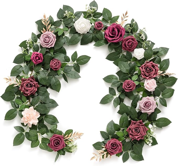 Ling's moment 5FT Burgundy Artificial Flower Garland Dusty Rose Leaves Floral by LingsMoment