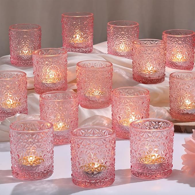 Pink Votive Candle Holder Set of 36, Flower Tea Lights Candles Holders by Lanttu