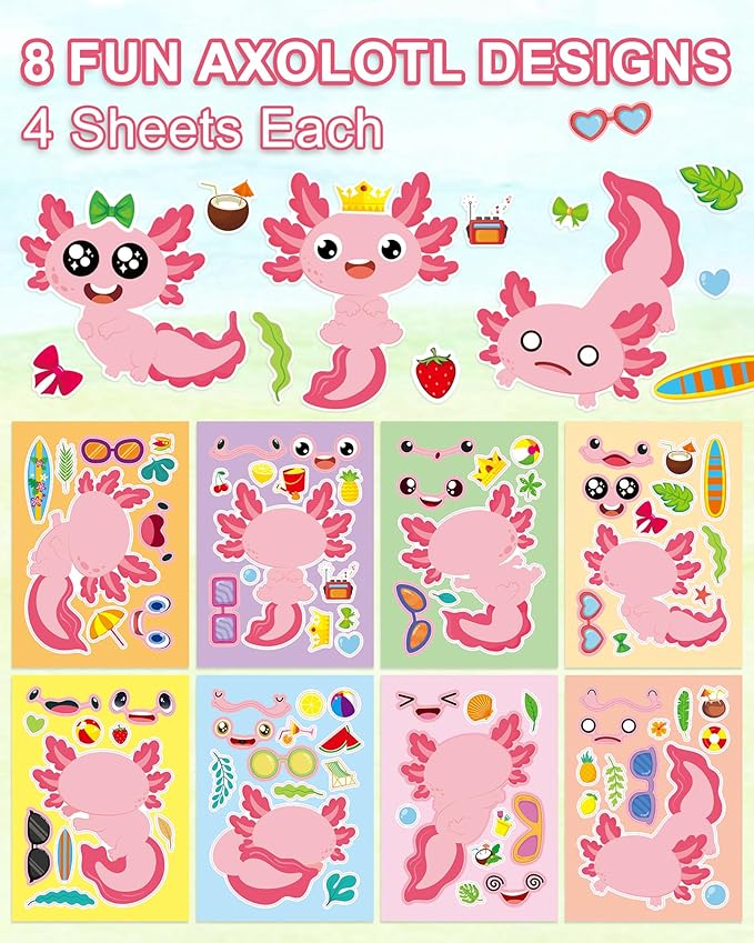 Aowplc 32 Sheets Axolotl Make-a-Face Stickers Mix 'n Match Crafts - Image 2