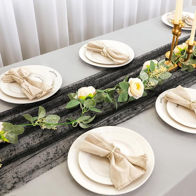 Snowkingdom Black Table Runner, 10FT Sheer Tulle Cheesecloth Gauze Metallic - Image 4