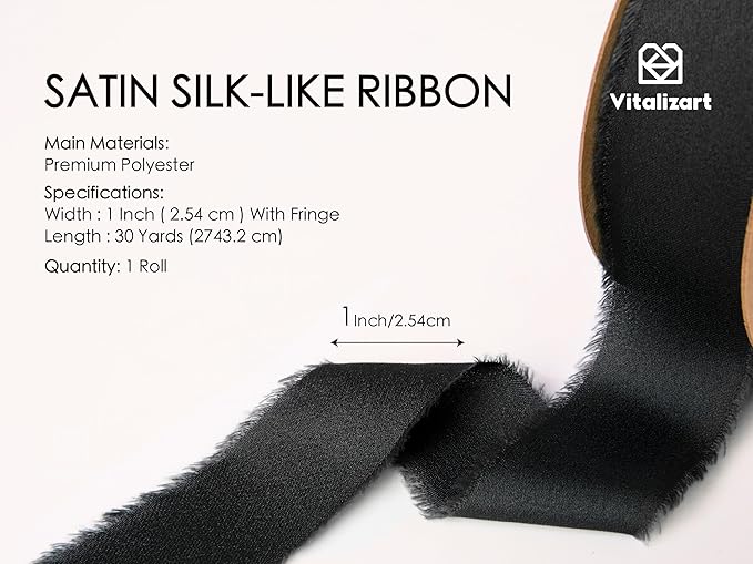 Vitalizart Silk Like Satin Ribbon 1 inch x 30 Yard Black Handmade Frayed Ribbons - Image 2