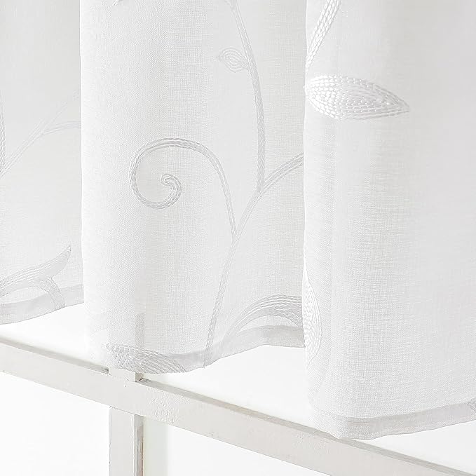 VISIONTEX White Sheer Voile Curtains, Decorative Leaves Embroidery Faux Linen - Image 5