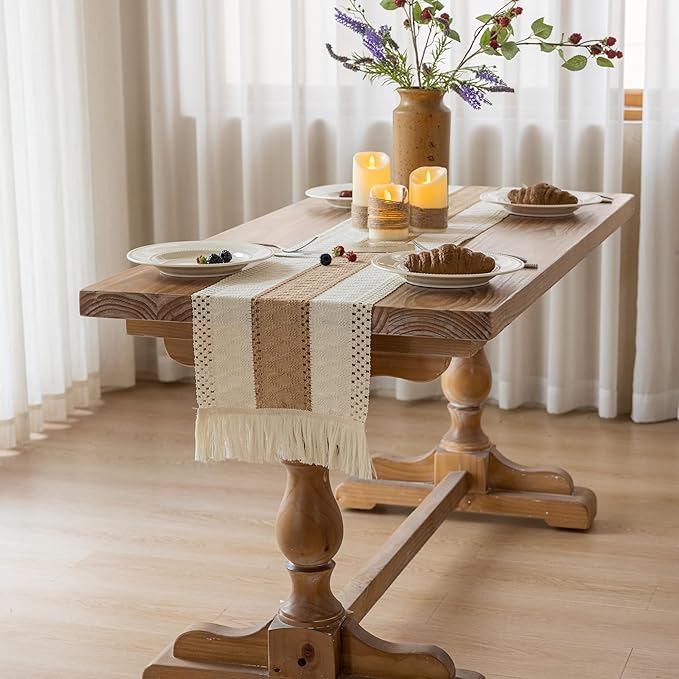 Boho Table Runner Cream Beige Brown by KEKETOARRANGE