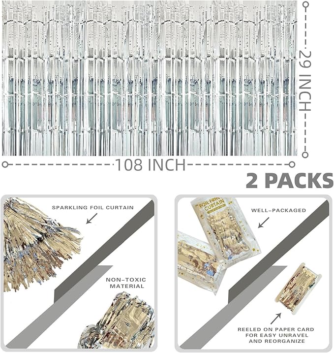 Silver Streamers Party Decorations, 2 Packs Silver Table Skirts Metallic Foil - Image 2