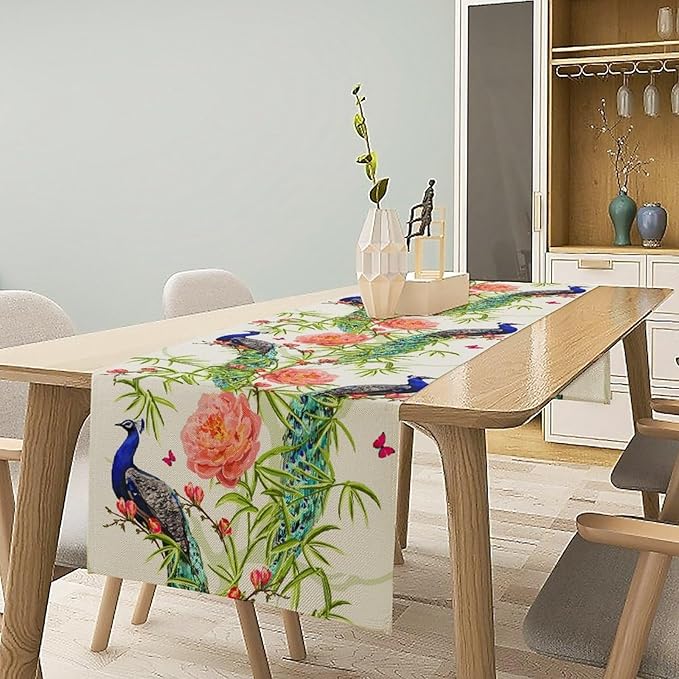 Peacock Table Runner, Seasonal Flower Plants Peacock Birds Table Runner - Image 2