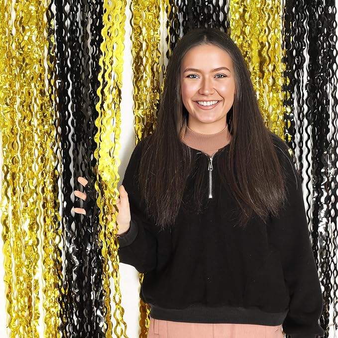 4 Pack Black and Gold Wavy Foil Fringe Curtains Pirthday Decorations, 3.3 ft x - Image 6