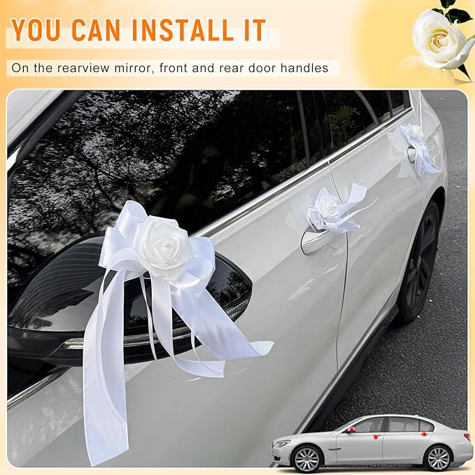 Wedding Car Decoration Flowers, Artificial White Bow Cars Decorative Flower Rose - Image 3