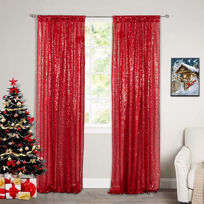 ShinyBeauty Sequin Curtains 2 Panels Red 2FTx8FT Sequin Photo Backdrop Red - Image 7