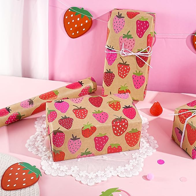 WRAPAHOLIC Kraft Strawberry Wrapping Paper Roll - Image 7
