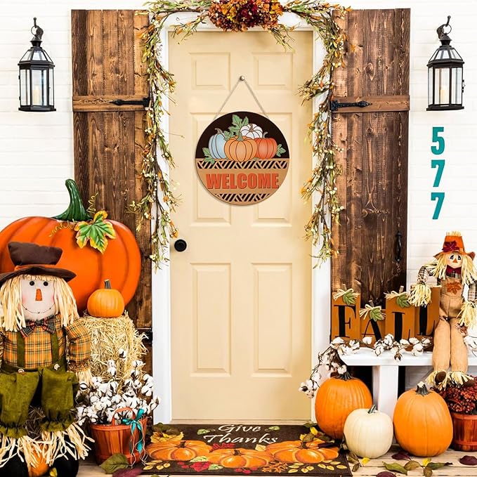 CHDITB Fall Pumpkin Welcome Front Door Sign Wreath, Wooden 3D Hello Fall Autumn - Image 3
