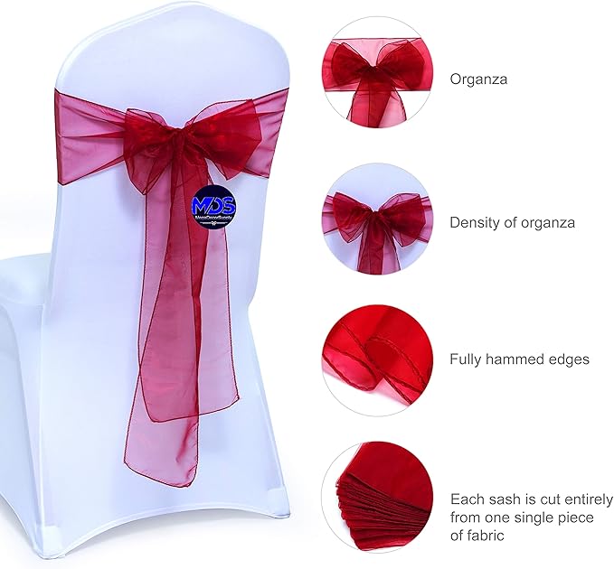 MDS Pack of 50 PCS Organza Chair Sashes Wider Dining Chair Bows Ribbon Tie Back - Image 2