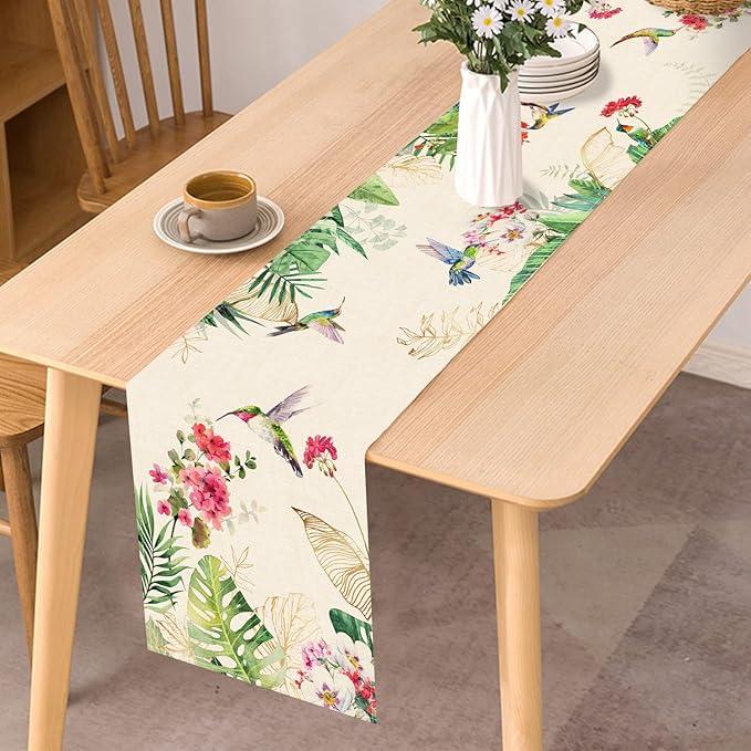 Seliem Summer Tropical Hummingbird Palm Leaf Greenery Table Runner, Spring - Image 5