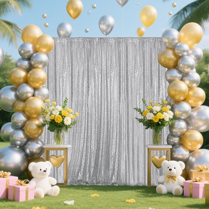 Silver Sequin Backdrop Curtain 2 Pieces 2FTx8FT Glitter Photography Backdrop - Image 2