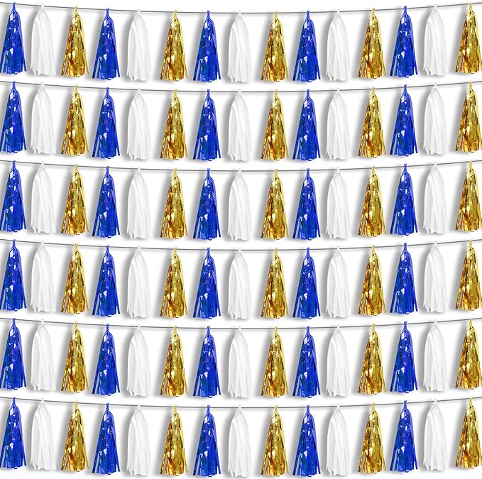 6P Navy-Blue White-Gold Foil Fringe Metallic Tassel-Garland, Tassels Banner by HYSILLA