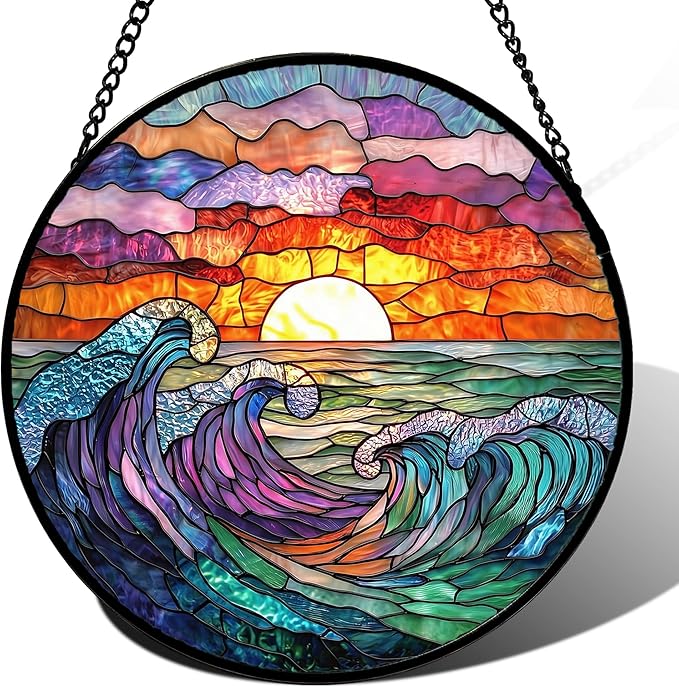 Stained Glass Window Hanging, Clouds and Sea Waves Suncatcher Diamond Glass by DASTOLL