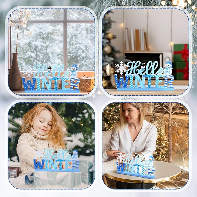 Winter Metal Sign Hello Winter Table Decor Christmas Tiered Tray Decor - Image 6