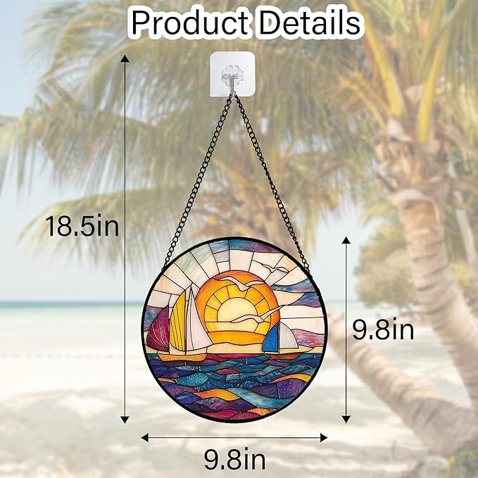 Stained Glass Window Hanging, Sailboat and Waves Suncatcher Diamond Glass Panel - Image 5