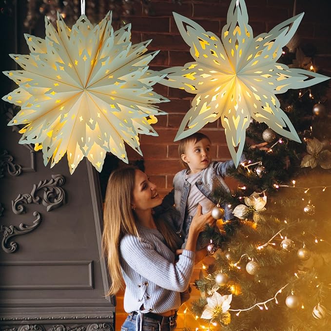 Christmas Paper Snowflake Lanterns, 2 Pack Christmas Paper Star Lantern - Image 7